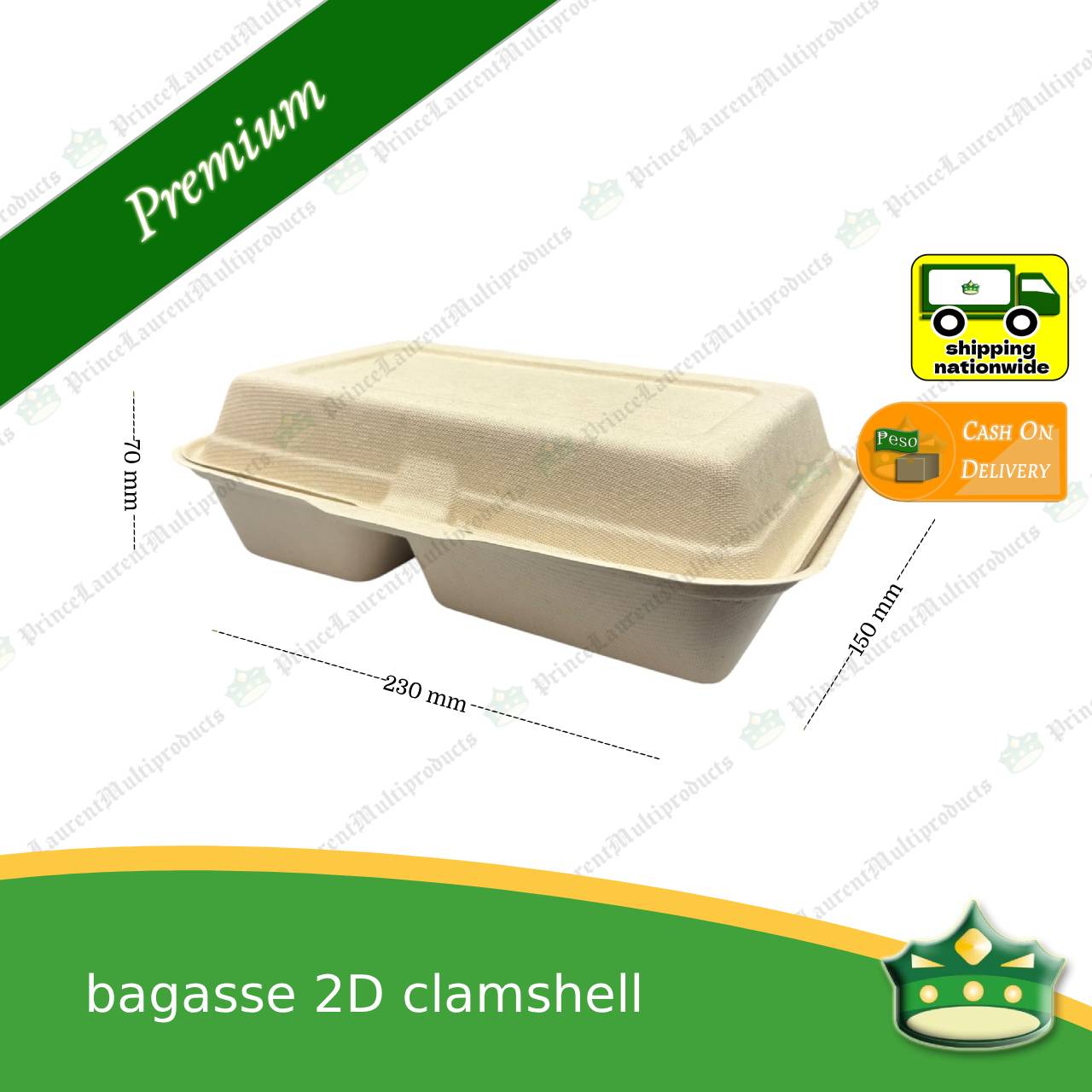 [50 pcs] bagasse 2D clamshell (2 compartment box) for takeaway meals