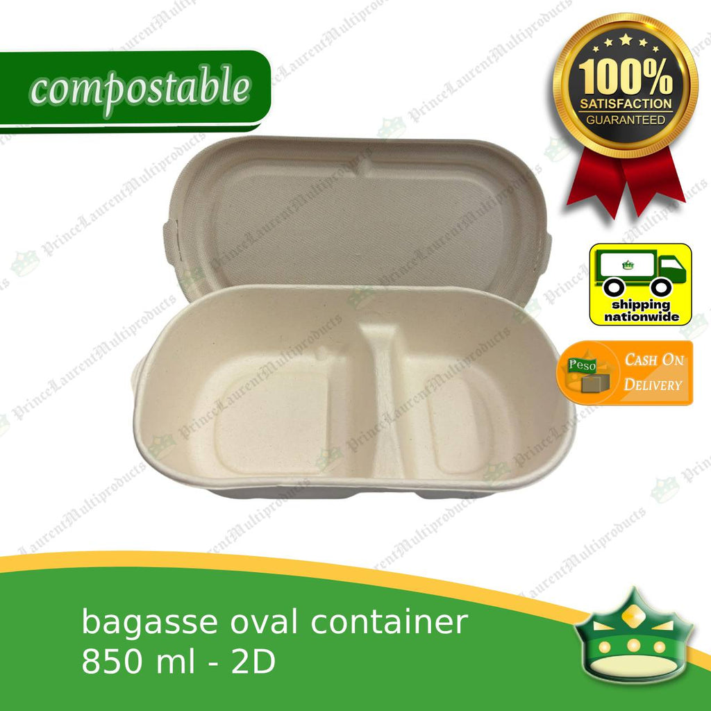 [50 pcs] bagasse 2D oval 850ml container with lid compostable biodegradable take away box