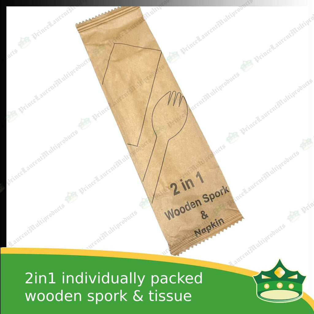 [1 case] 2in1 wooden spork & table napkin paper wrapped set for easy on the go disposable cutleries