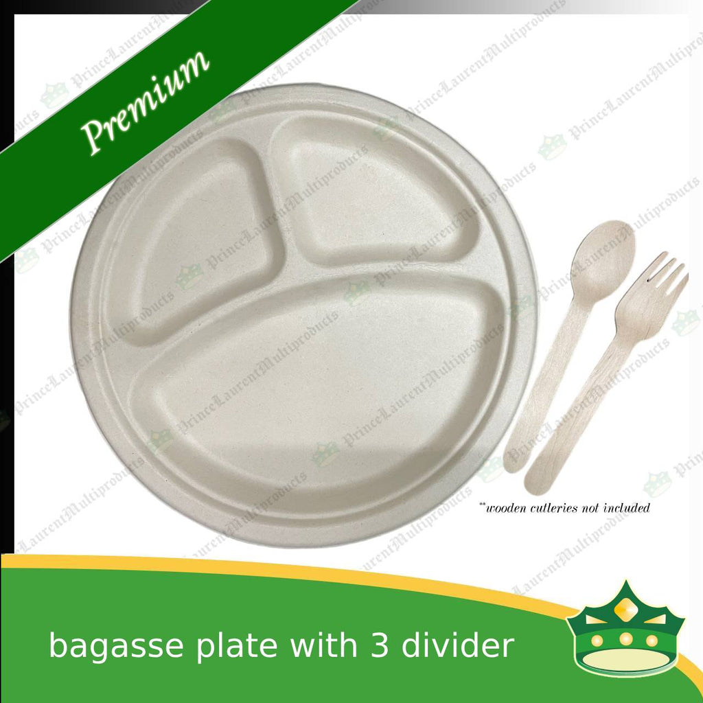 [50 pcs] bagasse 10 inch serving plate with 3 compartment compostable biodegradable plate for caterings and parties