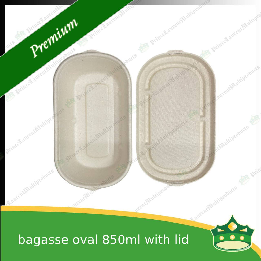 [50 pcs] bagasse oval 850ml container with lid for compostable biodegradable take away boxes