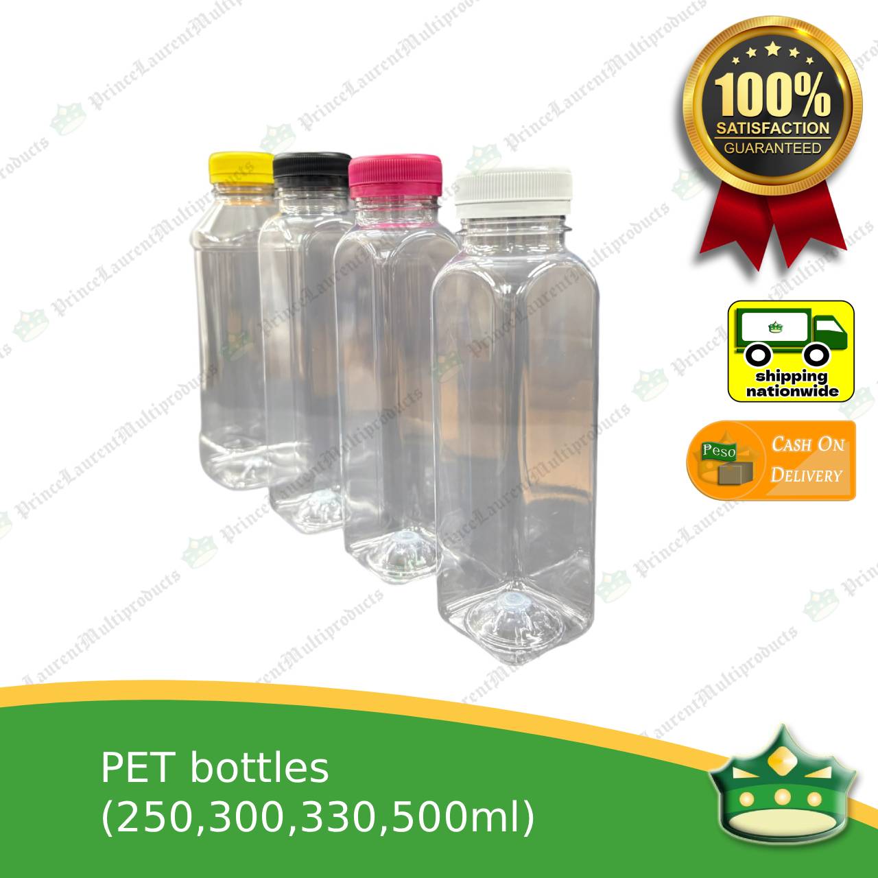 [1 pack] square PET bottles with black cap (250, 300, 330 & 500ml) as juice beverage or liquid container
