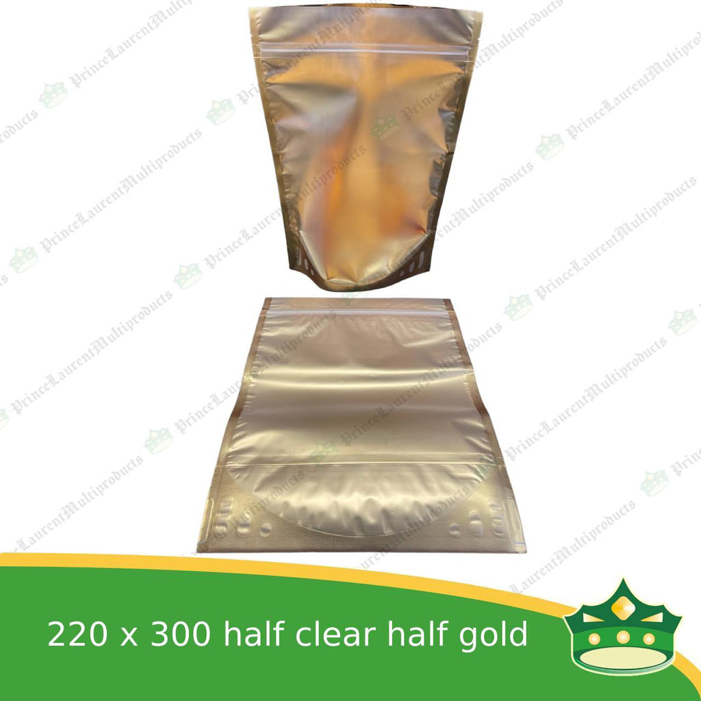 [100 pcs] standup pouch with ziplock half clear half gold 220 x 300 mm for repacking corn, peanuts, anchovies dilis, nuts, sweets, sampaloc, chicharon, snacks, baked goodies