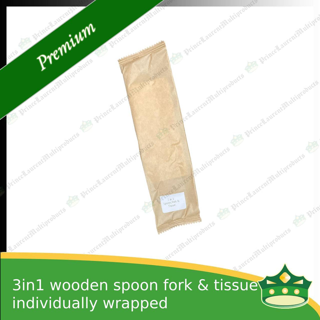 [50 sets] 3in1 wooden spoon fork & table napkin paper wrapped set for easy on the go disposable cutleries