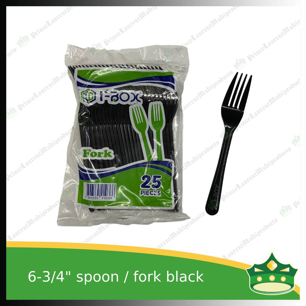 [25 pcs] iBox premium plastic hard spoon or fork black 6.75 inches length disposable cutleries for parties events and celebration