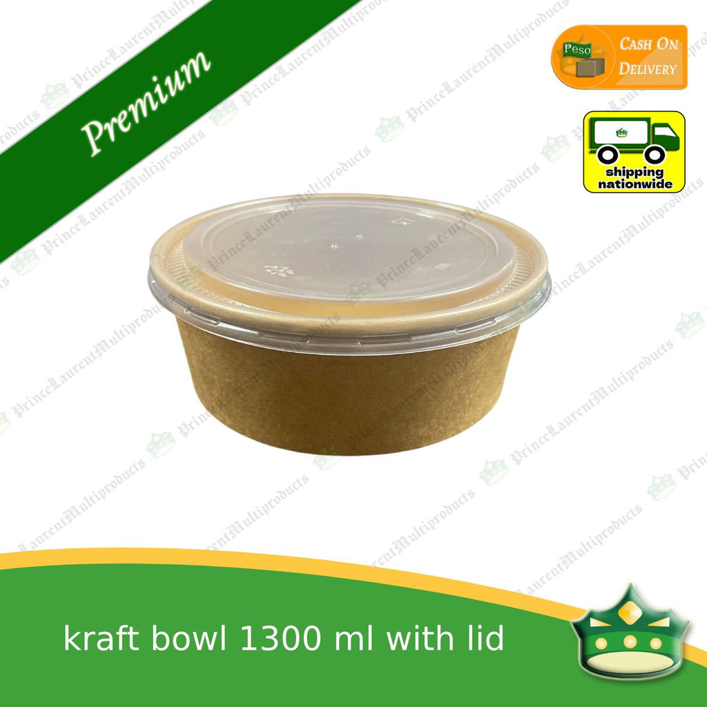 [50 pcs] kraft bowl with lid 1300cc laminated wide mouth for salad, rice meal, other food products