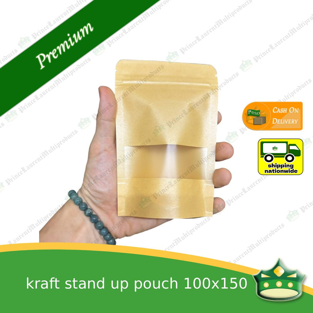 [100 pcs] standup pouch with ziplock kraft with window 100 x 150 mm for repacking corn, peanuts, anchovies dilis, nuts, sweets, sampaloc, chicharon, snacks, baked goodies