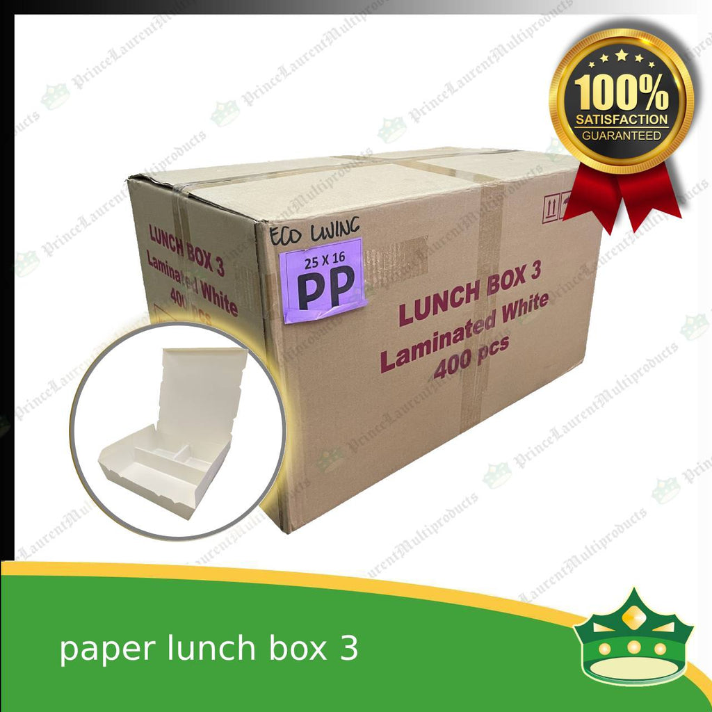 [400 pcs] paper lunch box 3 white laminated or paper bento 3 division, 3 partitions for large meals, viands, ulam, rice toppings, pansit, noodles, take-outs, food deliveries, leak-proof, saucy take-outs