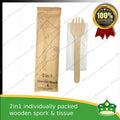 [50 sets] 2in1 wooden spork & table napkin paper wrapped set for easy on the go disposable cutleries