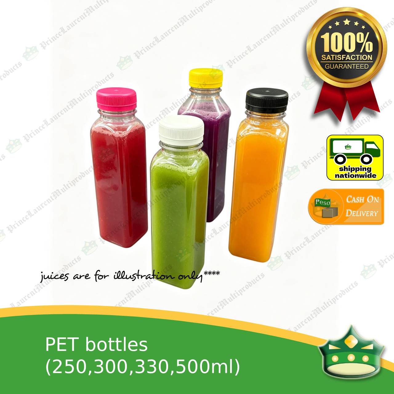 [1 pack] square PET bottles with black cap (250, 300, 330 & 500ml) as juice beverage or liquid container