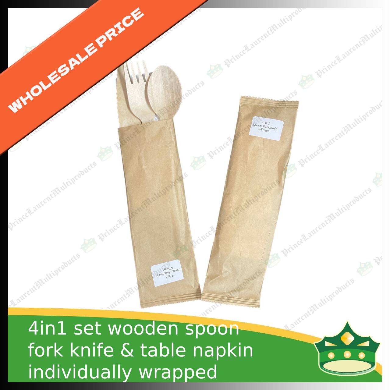 [1 case] 4in1 wooden spoon fork knife & table napkin paper wrapped set for easy on the go disposable cutleries