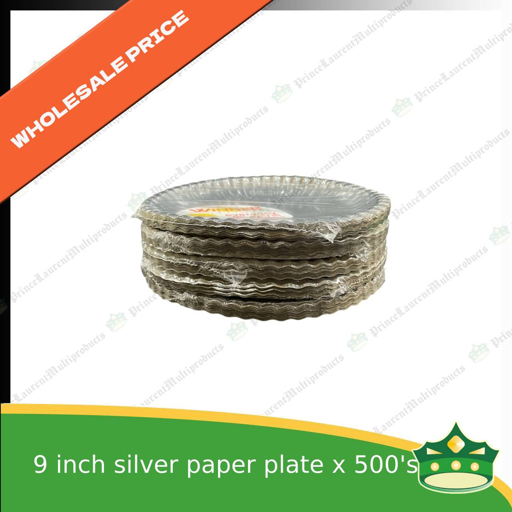 [500 pcs] 9 inch paper plate SILVER LAMINATED use as disposable serving dish for all occasions