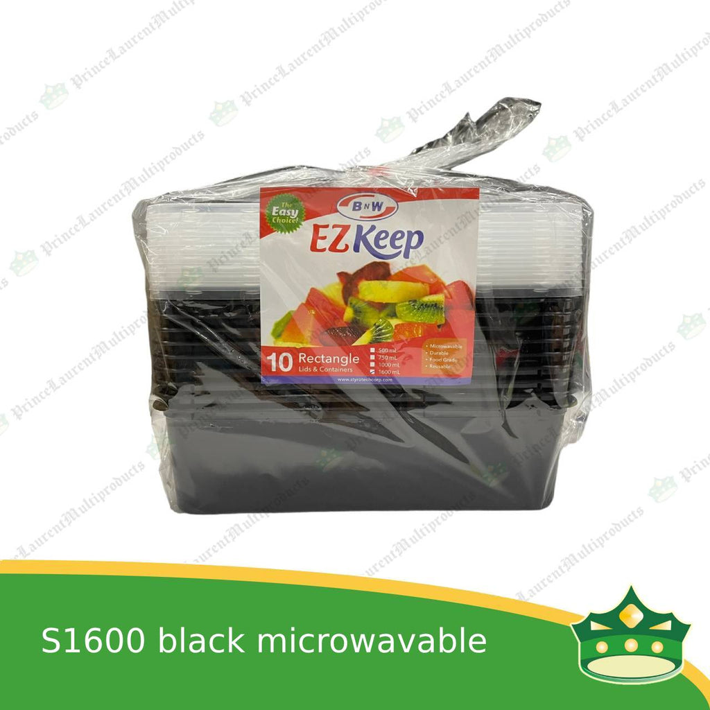 [10 pcs] re1600 ml black microwavable plastic large rectangular container with lid for take out of noodles soup and other food products