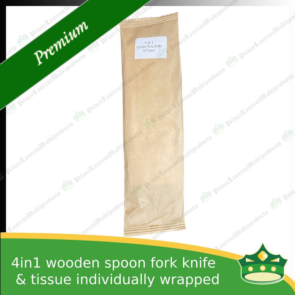 [50 sets] 4in1 wooden spoon fork knife & table napkin paper wrapped set for easy on the go disposable cutleries