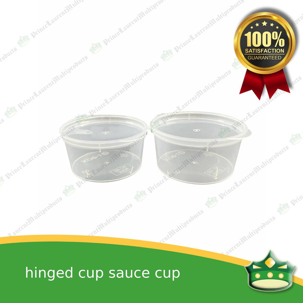 [50 pcs] 90 ml hinged sauce cup clear microwavable plastic with attached lid for take out of sauce gravy specimen / sample cup