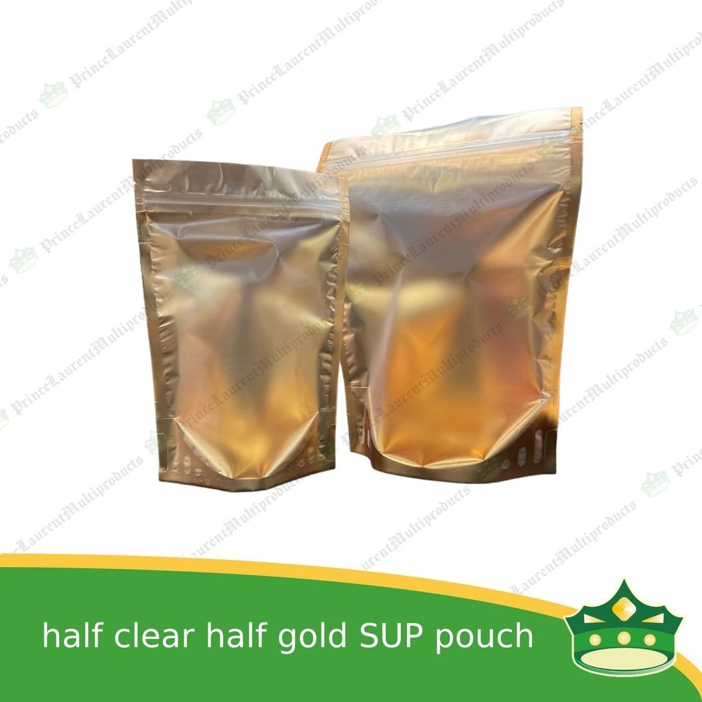 [100 pcs] standup pouch with ziplock half clear half gold 160 x 240 mm for repacking corn, peanuts, anchovies dilis, nuts, sweets, sampaloc, chicharon, snacks, baked goodies
