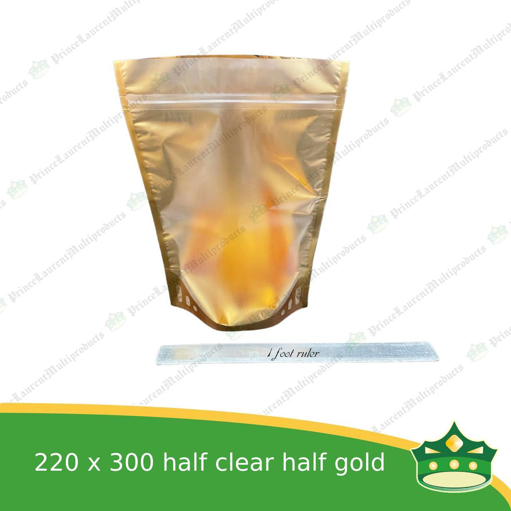 [100 pcs] standup pouch with ziplock half clear half gold 220 x 300 mm for repacking corn, peanuts, anchovies dilis, nuts, sweets, sampaloc, chicharon, snacks, baked goodies