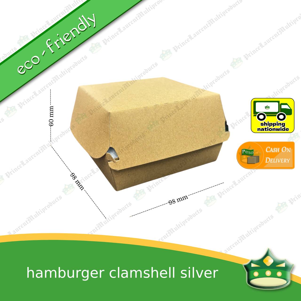 [50 pcs] Kraft silver laminated leak proof hamburger clamshell box for take-out meals, packed meals, rice toppings, noodles, pansit, merienda, ulam viands, siopao, small meals. Eco-friendly