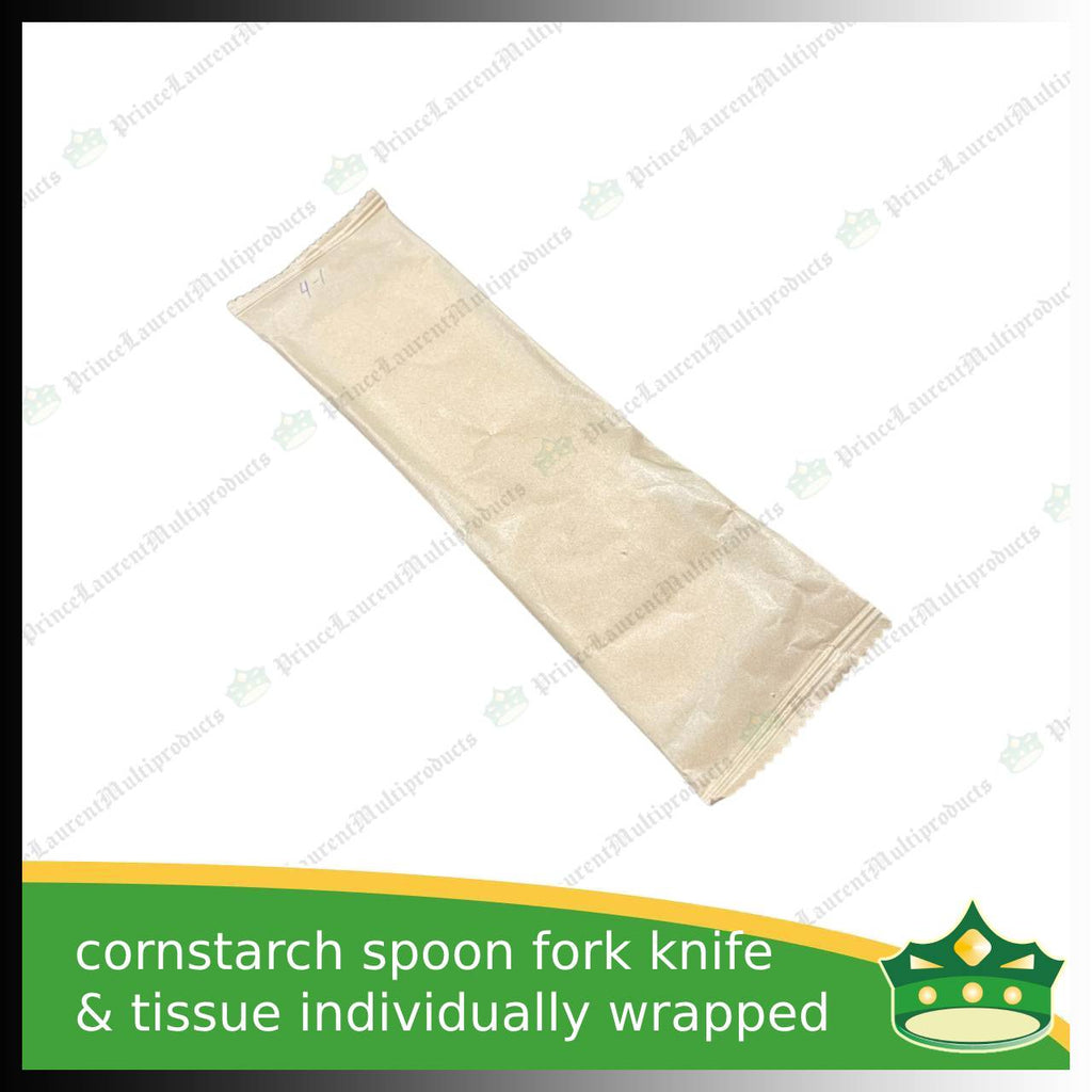 [25 sets] compostable cornstarch spoon fork knife & tissue individually wrapped biodegradable disposable for takeout utensils