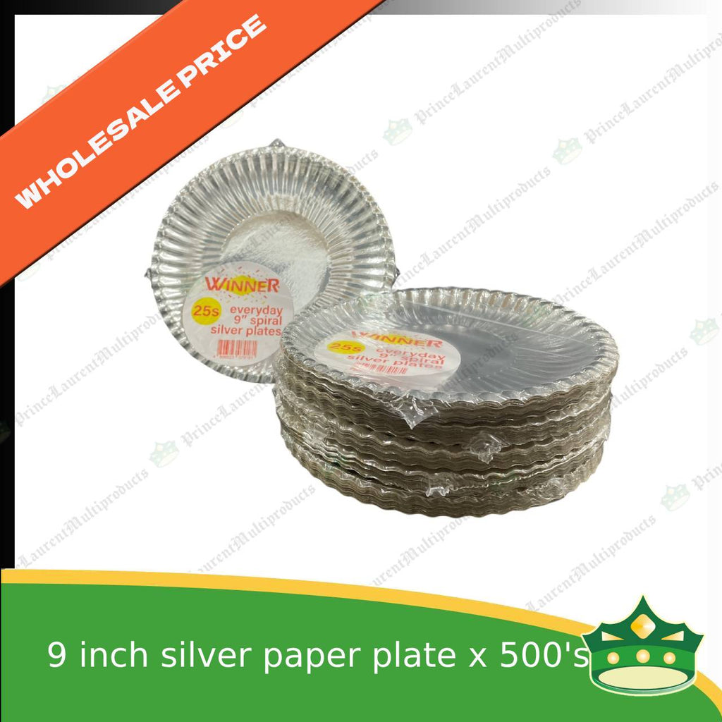 [500 pcs] 9 inch paper plate SILVER LAMINATED use as disposable serving dish for all occasions