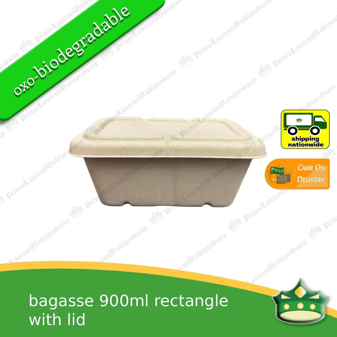 [50 pcs] bagasse rectangular container with lid 900ml, biodegradable, eco-friendly, disposable, kitchen use, household supplies.