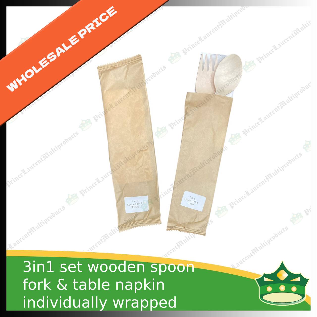 [1 case] 3in1 wooden spoon fork & table napkin paper wrapped set for easy on the go disposable cutleries