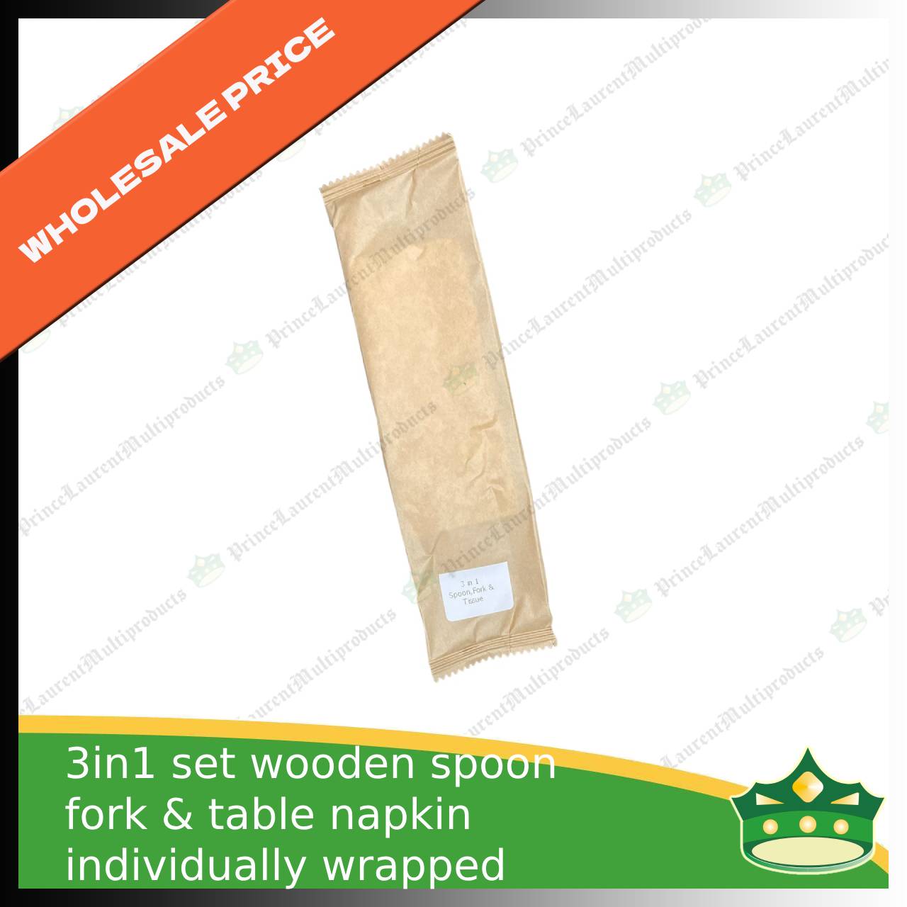 [1 case] 3in1 wooden spoon fork & table napkin paper wrapped set for easy on the go disposable cutleries