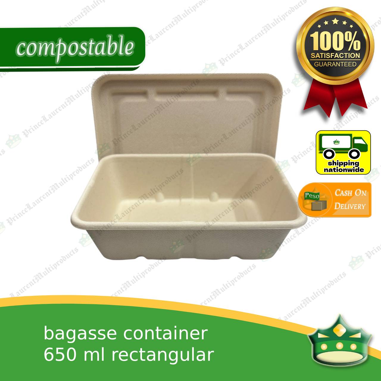 [50 pcs] bagasse rectangular container with lid 650ml, biodegradable, eco-friendly, disposable, kitchen use, household supplies.