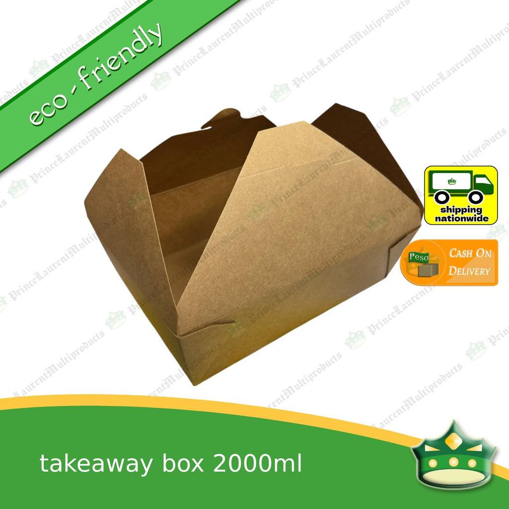 [50 pcs] takeaway box kraft 2000ml laminated for take-out meals, viands, snacks, noodes, pansit, ulam, rice toppings, fried chicken, chicken pops and other products, saucy food