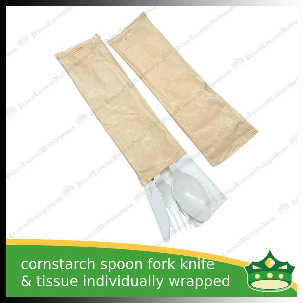[25 sets] compostable cornstarch spoon fork knife & tissue individually wrapped biodegradable disposable for takeout utensils