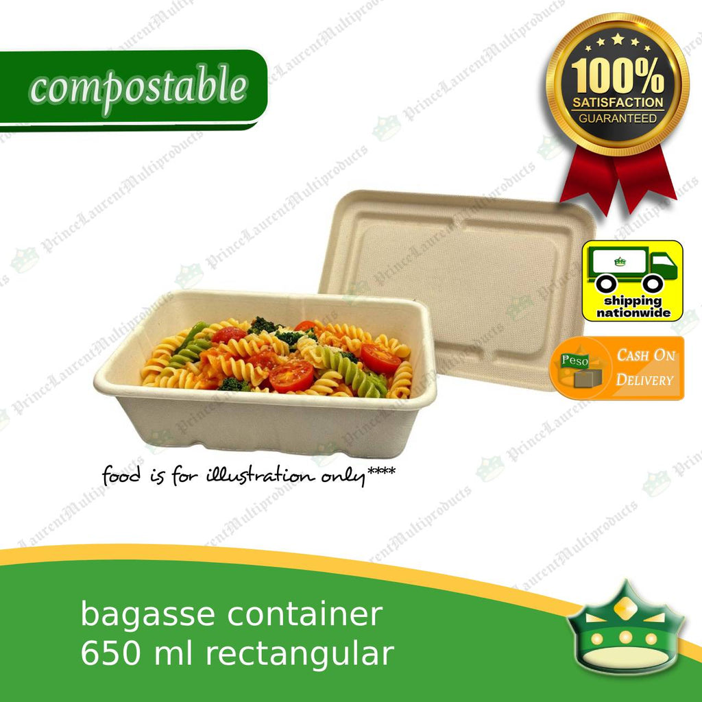 [50 pcs] bagasse rectangular container with lid 650ml, biodegradable, eco-friendly, disposable, kitchen use, household supplies.