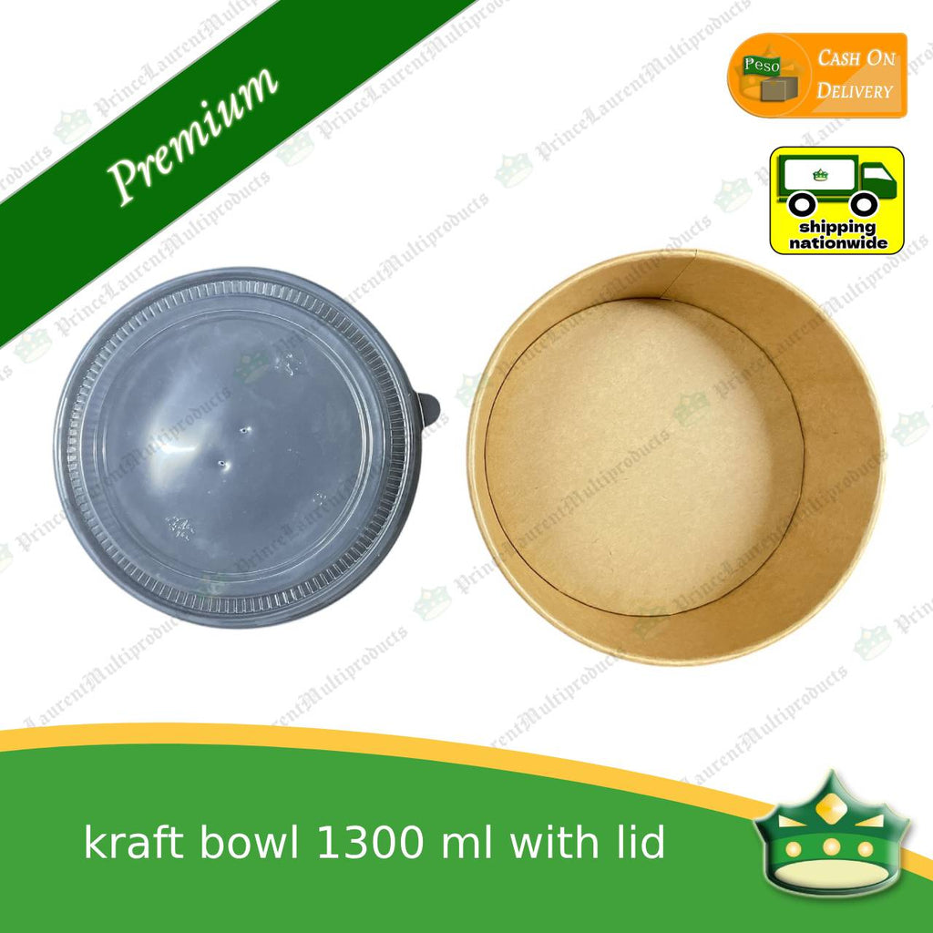 [50 pcs] kraft bowl with lid 1300cc laminated wide mouth for salad, rice meal, other food products