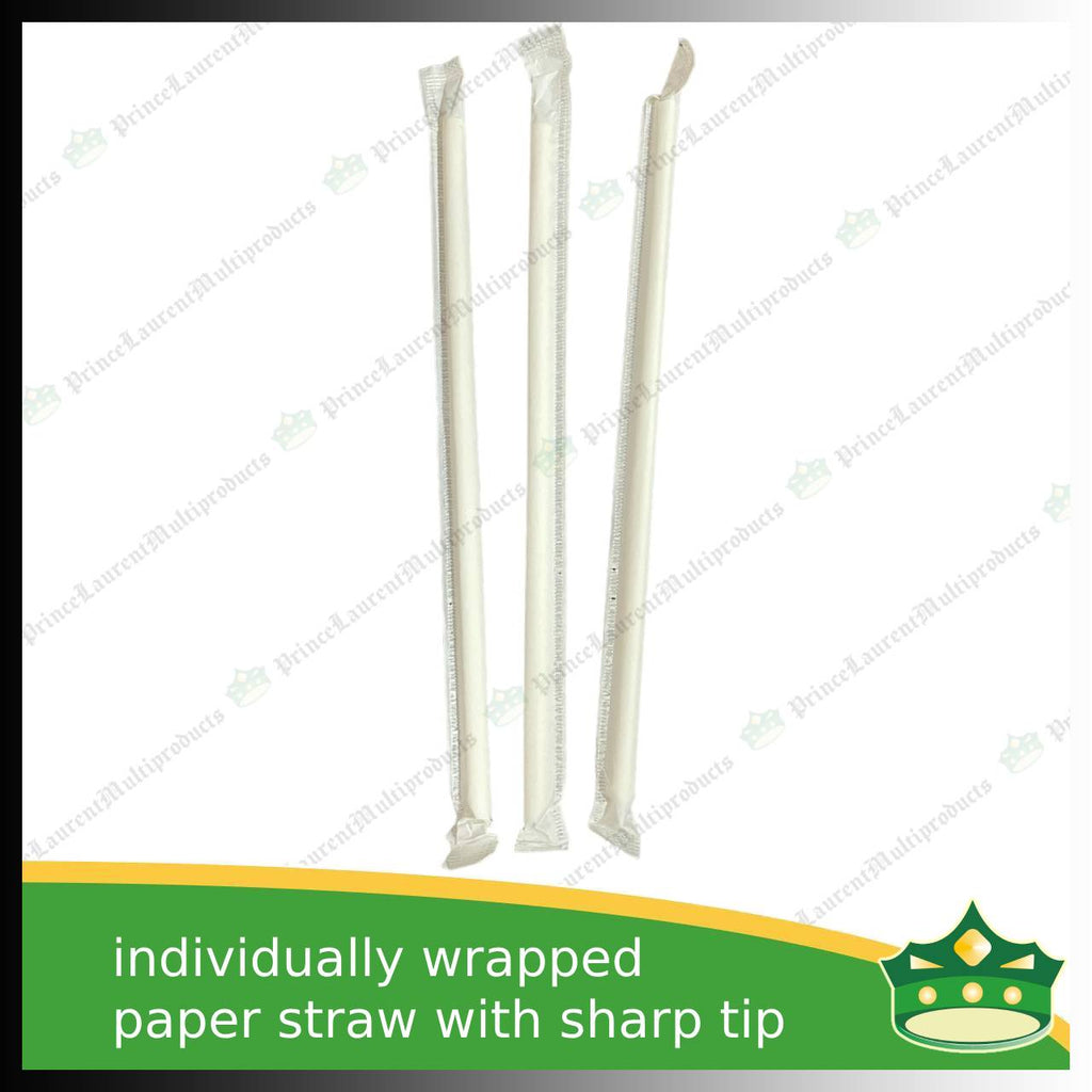 [100 pcs] Drinking paper straw white with SHARP TIP INDIVIDUALLY WRAPPED for milk shakes, juices and other cold beverages