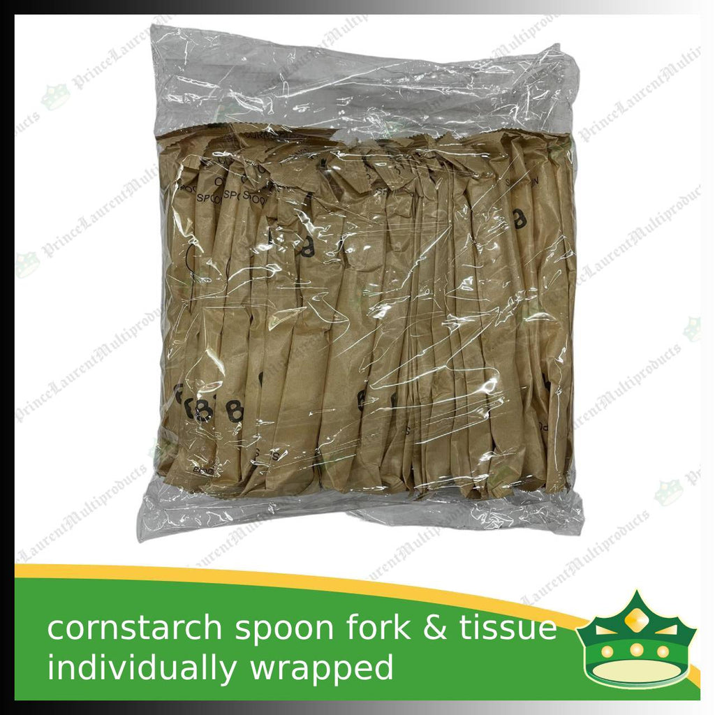 [25 sets] compostable cornstarch spoon fork & tissue individually wrapped biodegradable disposable for takeout utensils