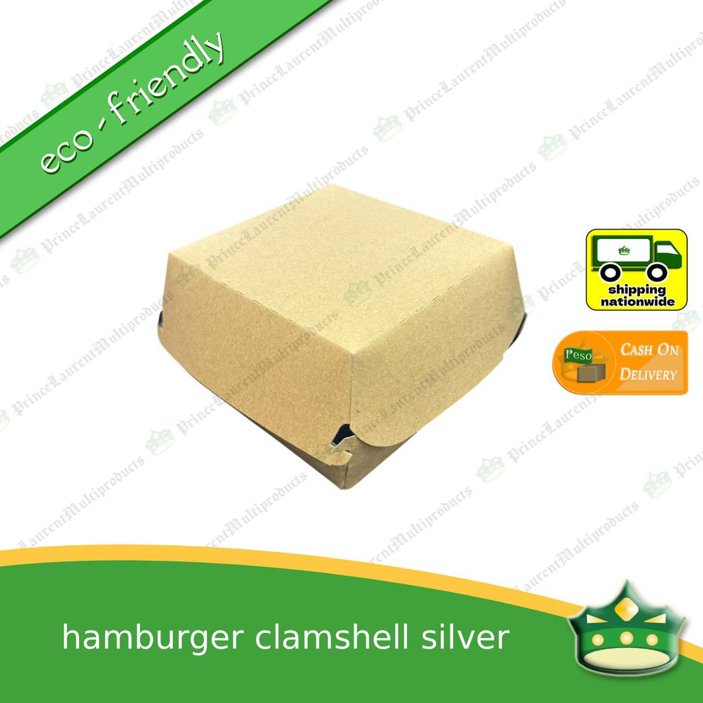 [50 pcs] Kraft silver laminated leak proof hamburger clamshell box for take-out meals, packed meals, rice toppings, noodles, pansit, merienda, ulam viands, siopao, small meals. Eco-friendly