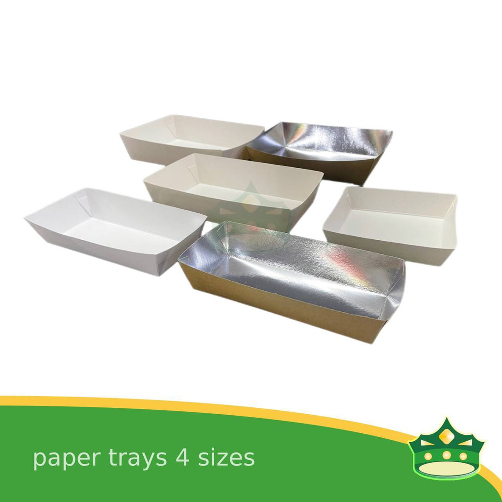 [25 pcs] paper trays small medium large extra large laminated white or silver to serve as food holder for nachos, fries, dimsum, meriendas, breads, takoyaki, fishball, squidball