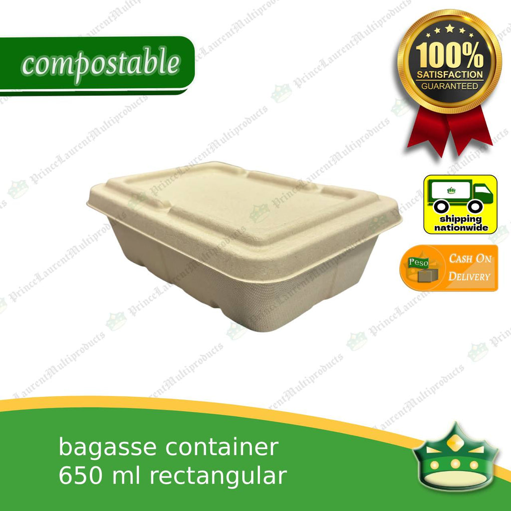 [50 pcs] bagasse rectangular container with lid 650ml, biodegradable, eco-friendly, disposable, kitchen use, household supplies.