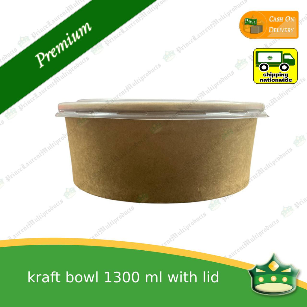 [50 pcs] kraft bowl with lid 1300cc laminated wide mouth for salad, rice meal, other food products