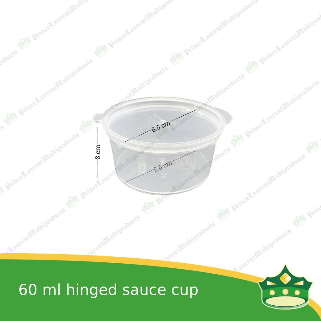 [50 pcs] 60 ml hinged sauce cup clear microwavable plastic with attached lid for take out of sauce gravy specimen / sample cup