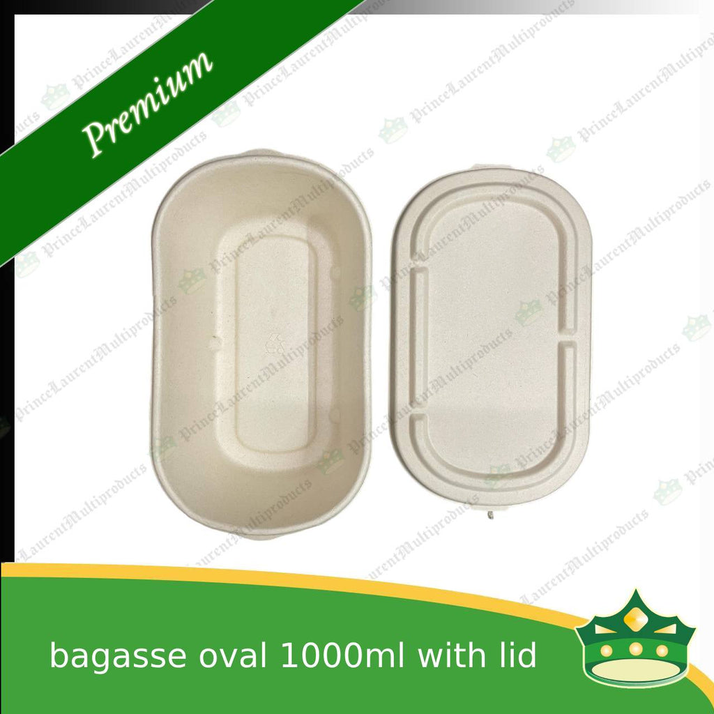 [50 pcs] bagasse oval 1000ml container with lid for compostable biodegradable take away boxes