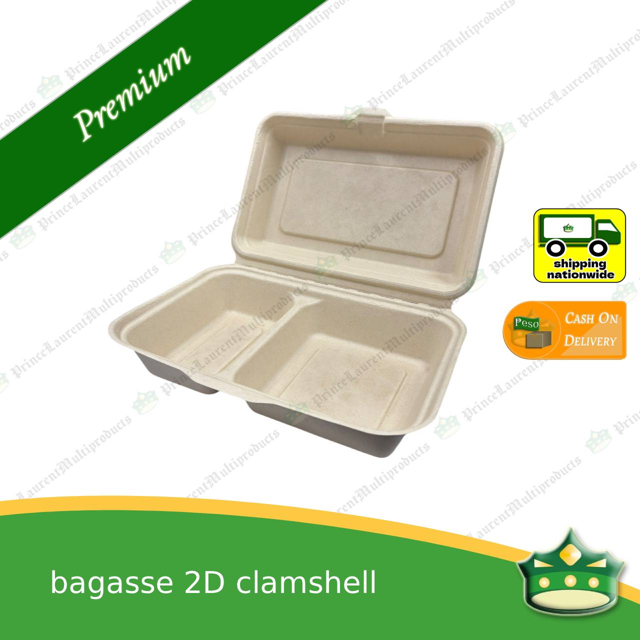 [50 pcs] bagasse 2D clamshell (2 compartment box) for takeaway meals