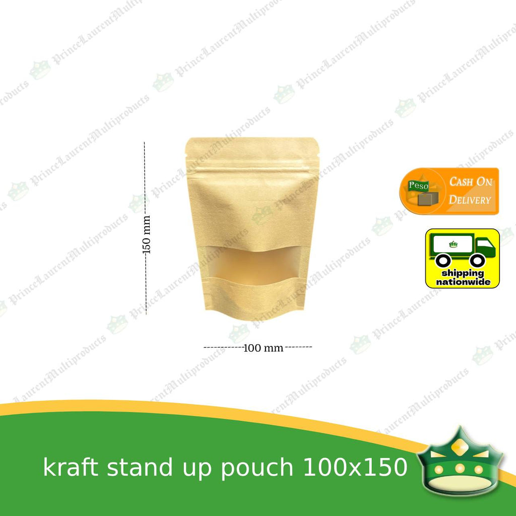 [100 pcs] standup pouch with ziplock kraft with window 100 x 150 mm for repacking corn, peanuts, anchovies dilis, nuts, sweets, sampaloc, chicharon, snacks, baked goodies