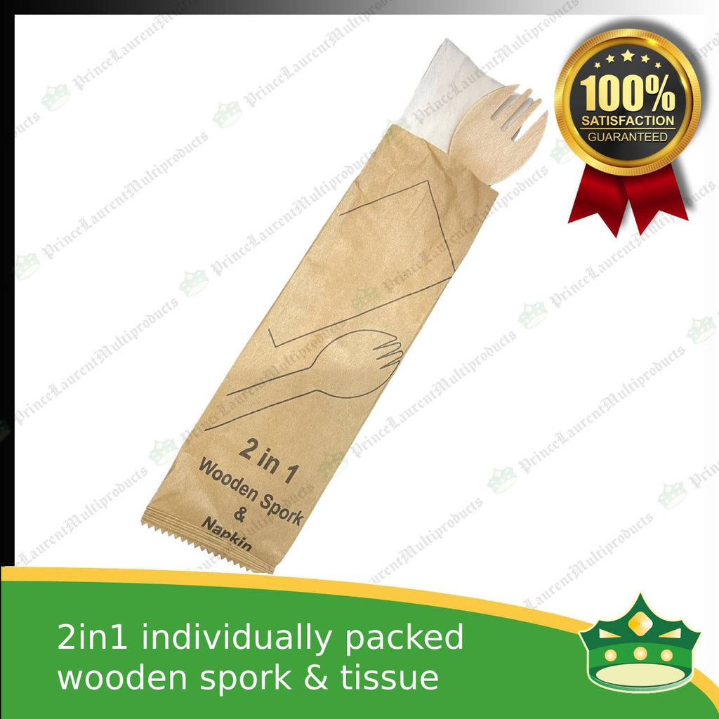[1 case] 2in1 wooden spork & table napkin paper wrapped set for easy on the go disposable cutleries