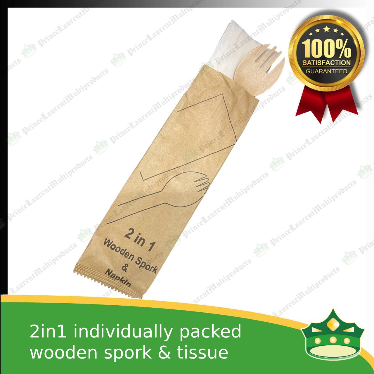 [1 case] 2in1 wooden spork & table napkin paper wrapped set for easy on the go disposable cutleries