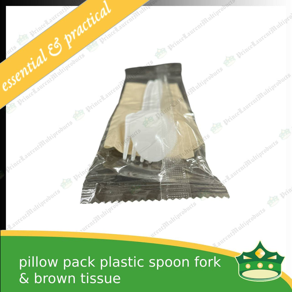 [25 sets] 3in1 plastic spoon fork & brown table napkin plastic pillow wrapped set for easy on the go disposable cutleries