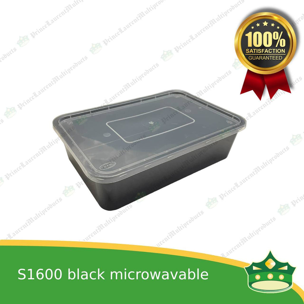 [10 pcs] re1600 ml black microwavable plastic large rectangular container with lid for take out of noodles soup and other food products