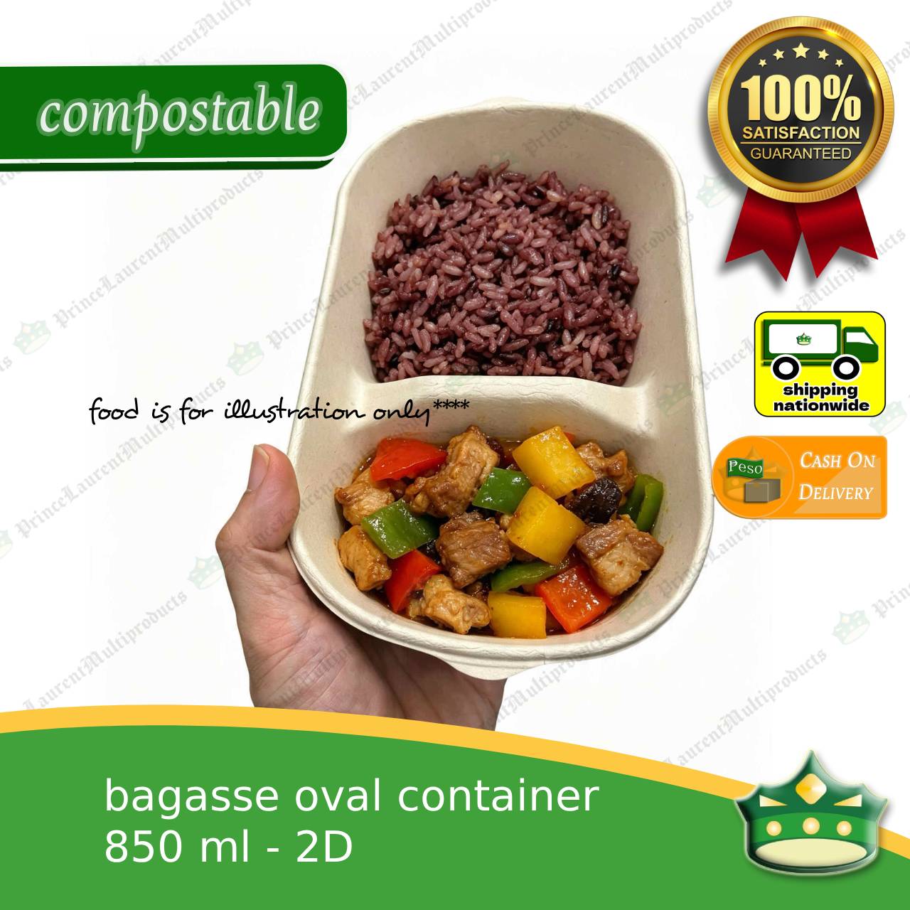 [50 pcs] bagasse 2D oval 850ml container with lid compostable biodegradable take away box