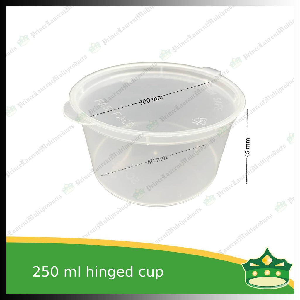 [50 pcs] 250 ml hinged sauce cup clear microwavable plastic with attached lid for take out of sauce gravy specimen / sample cup