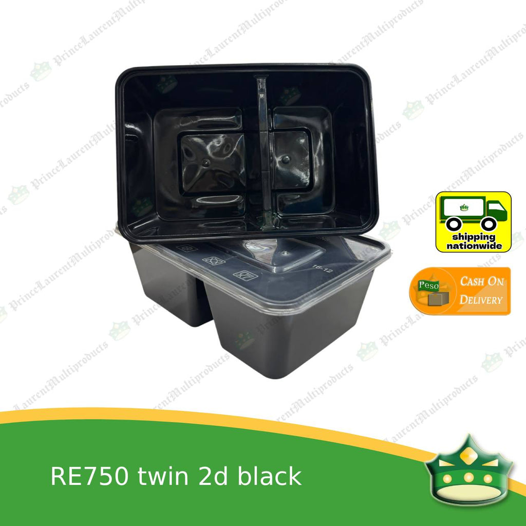 [50 pcs] re750 twin 2d BLACK microwavable container for packed meals, rice meal, packed lunch