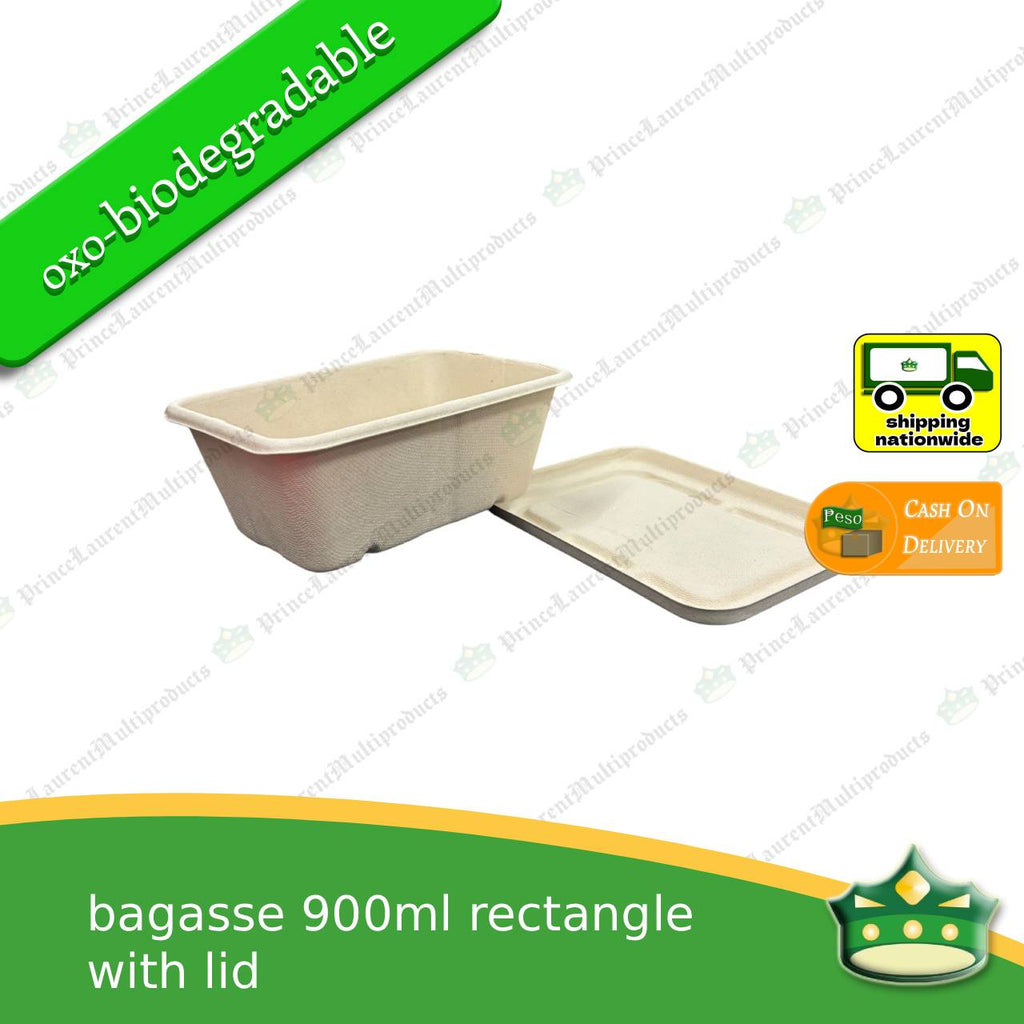 [50 pcs] bagasse rectangular container with lid 900ml, biodegradable, eco-friendly, disposable, kitchen use, household supplies.